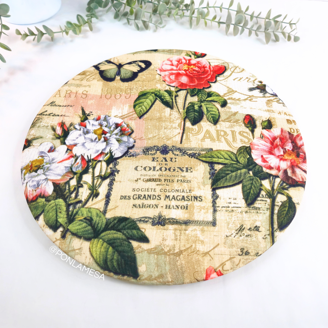 Individual circular para base de madera floral mariposas