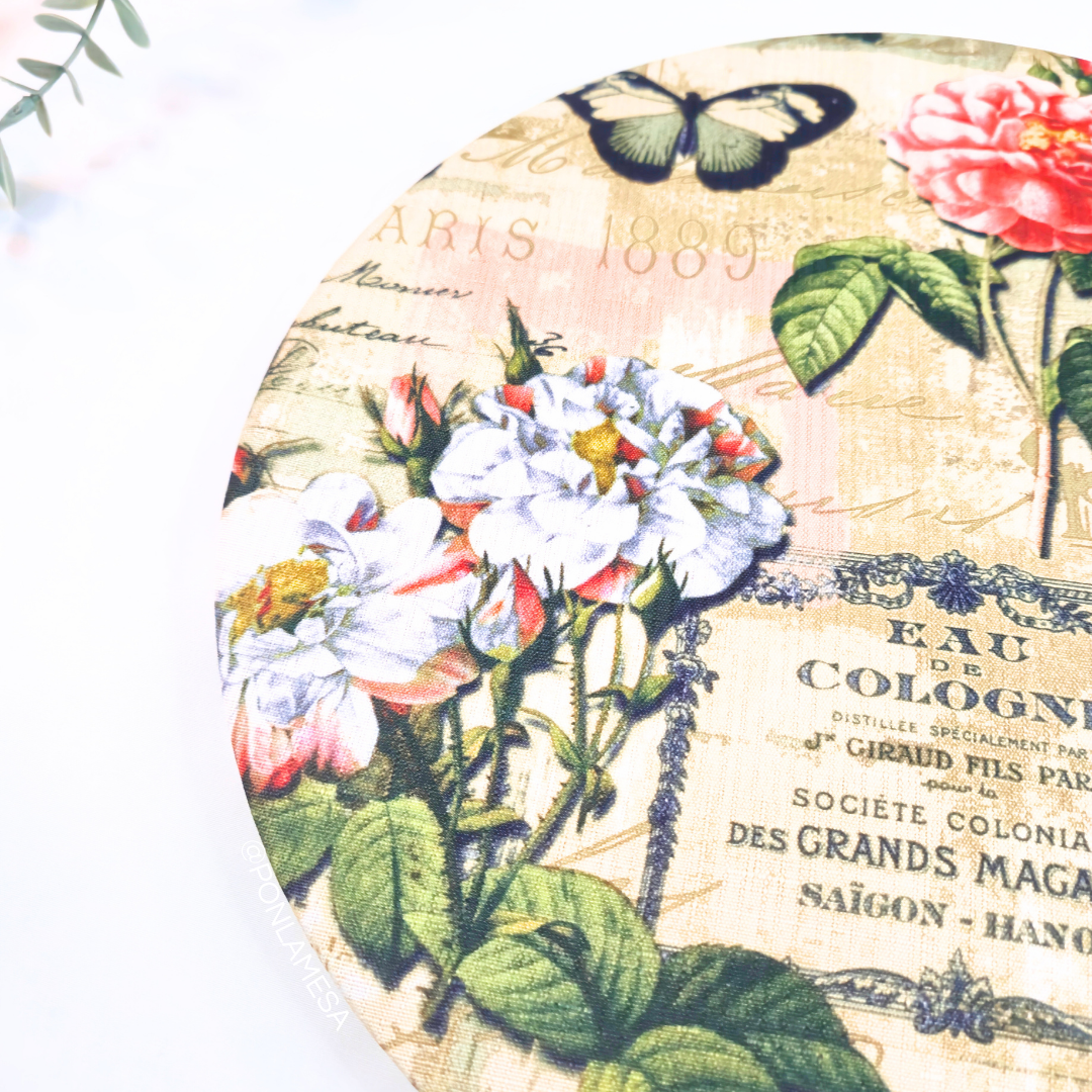 Individual circular para base de madera floral mariposas